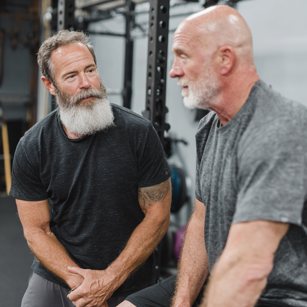 Тренер 52 роки працює з клієнтом 58 років, розробляючи індивідуальну програму тренувань