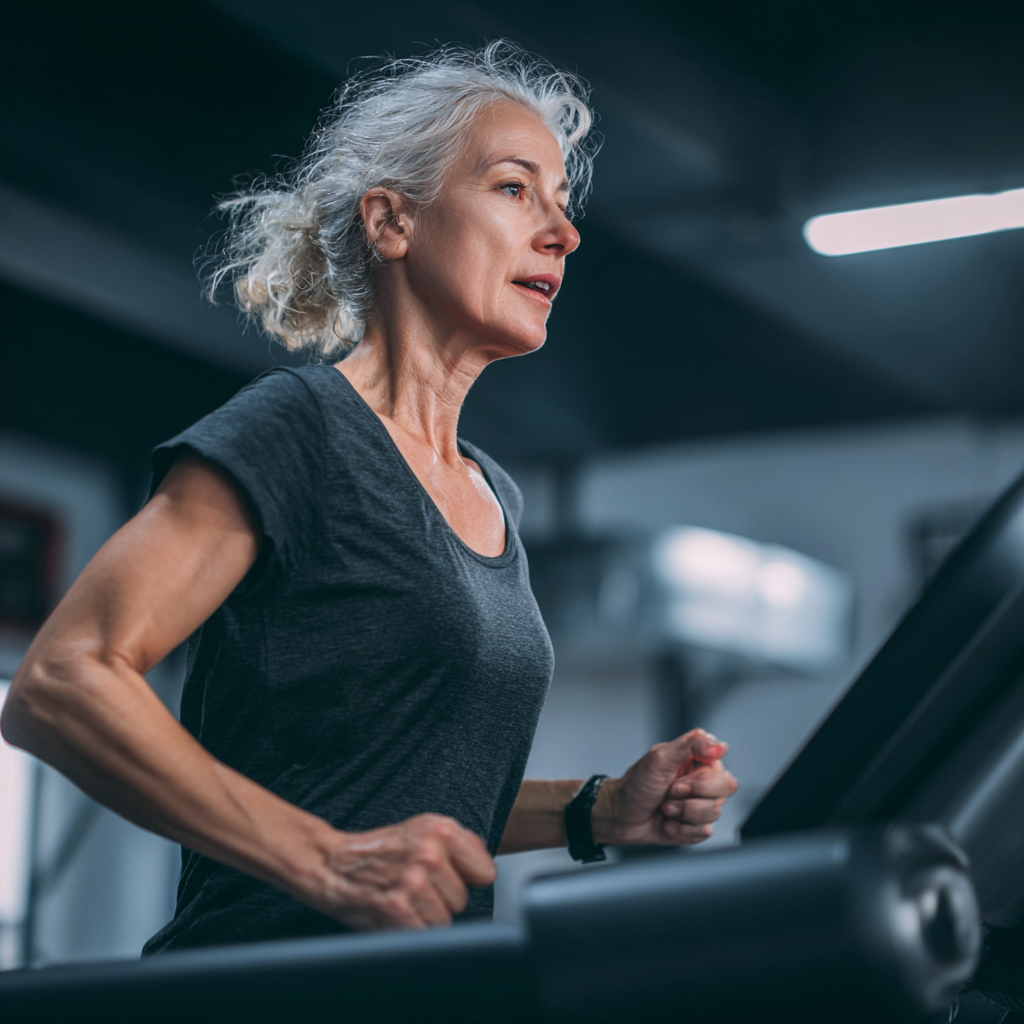 Жінка 58 років займається кардіо тренуванням на біговій доріжці