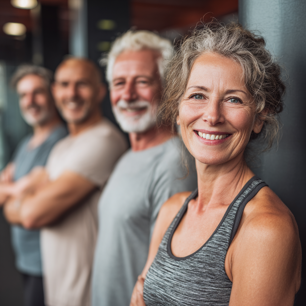 Група людей віком 50-60 років разом тренується у фітнес-залі з позитивним настроєм