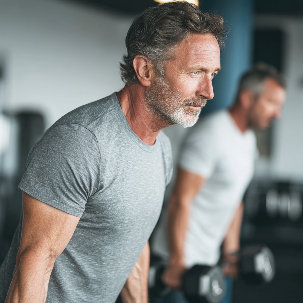 Чоловік 55 років виконує силові вправи з гантелями в спортзалі
